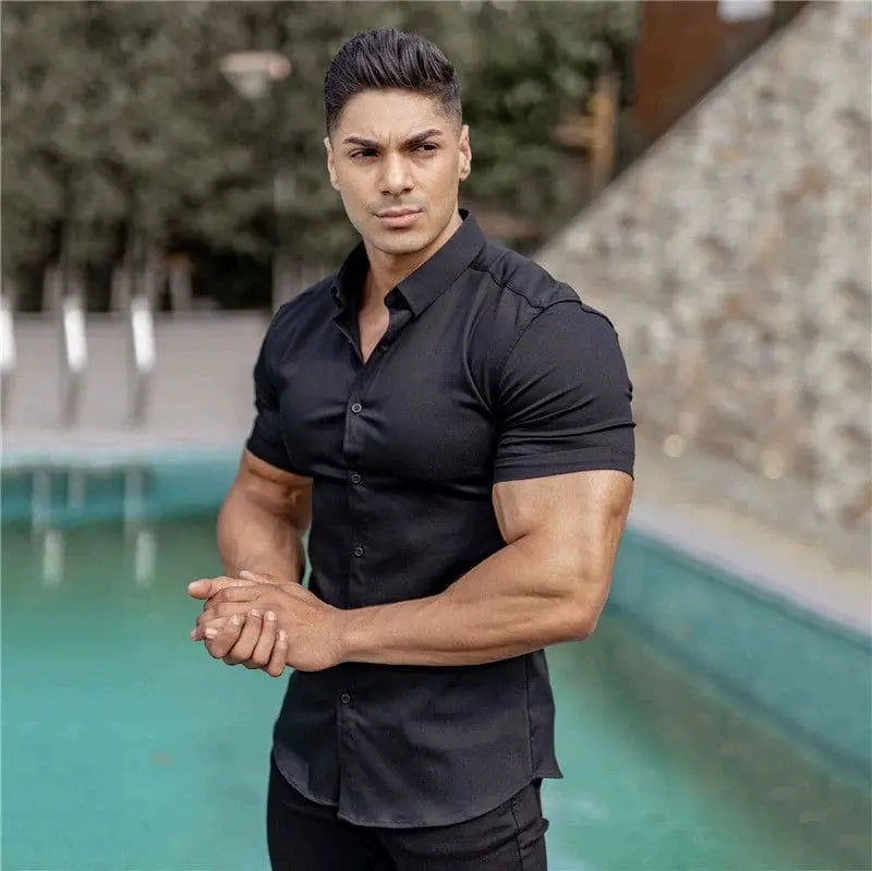 Showlu men's slim fit long sleeve workout shirt with solid square collar, muscle-free and opaque, ideal for active fitness wear.