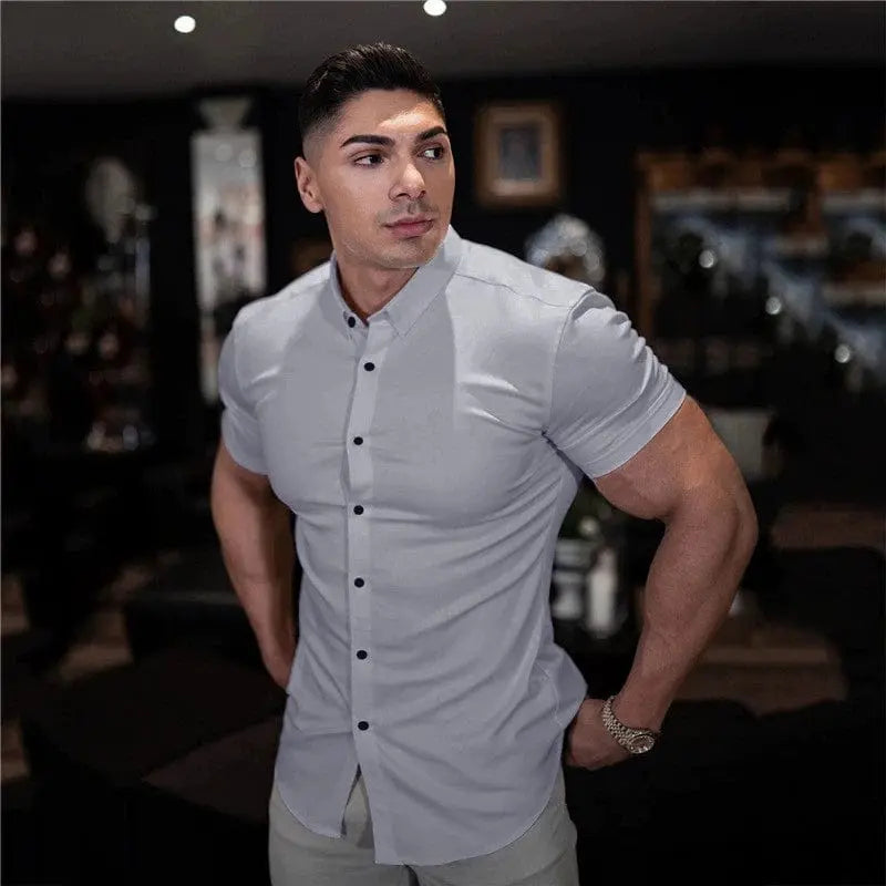 Showlu men's slim fit long sleeve workout shirt with solid square collar, opaque fabric, designed for active fitness wear.