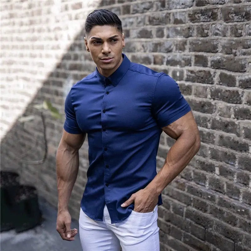 Showlu men's slim fit long sleeve workout shirt with solid square collar, muscle-free and opaque fabric, ideal for active wear.