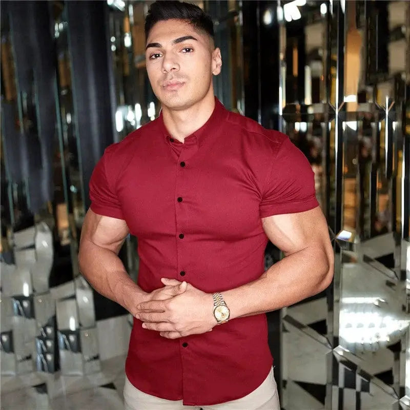 Showlu men's slim fit long sleeve workout shirt with solid square collar, muscle-free, opaque design, ideal for active wear.