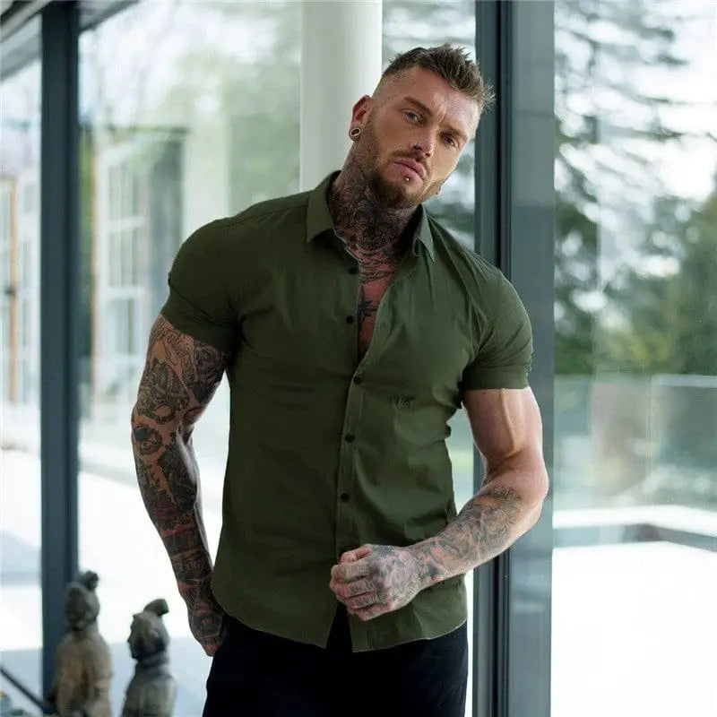 Showlu men's slim fit long sleeve workout shirt with solid square collar, opaque and muscle-free design, ideal for active wear.