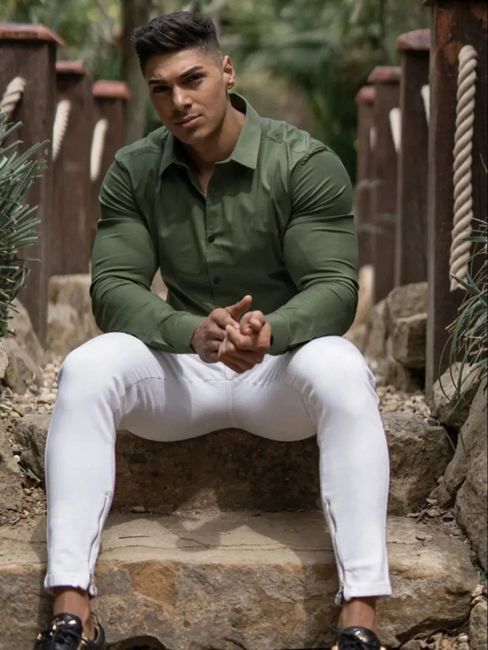 Showlu men's slim fit long sleeve workout shirt with solid square collar, opaque and muscle-free fabric, ideal for active wear.