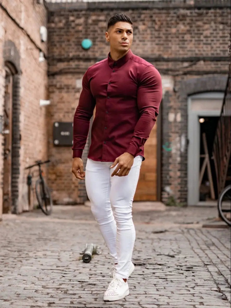 Showlu Men's slim fit long sleeve workout shirt with solid square collar, muscle-free and opaque, perfect for active fitness wear.