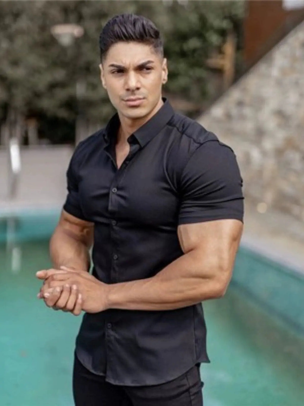 Showlu men's slim fit long sleeve workout shirt with solid square collar, opaque fabric, designed for active wear.