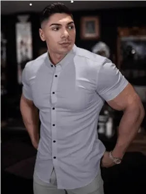 Showlu men's slim fit long sleeve workout shirt with solid square collar, muscle-free and opaque fabric, ideal for active wear.