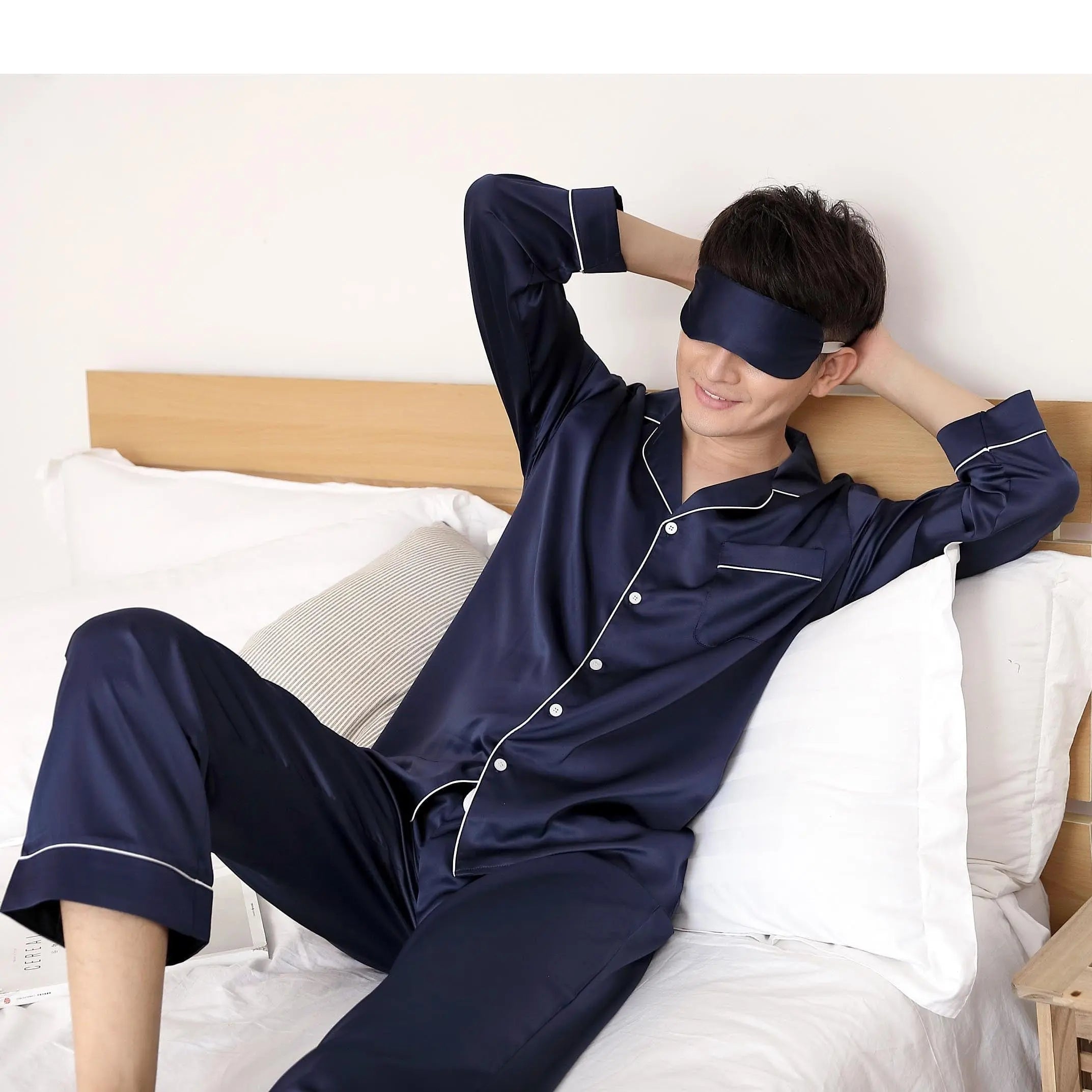 Showlu men's silk satin pajamas set featuring loose fit soft sleepwear and nightwear for comfortable home lounging.