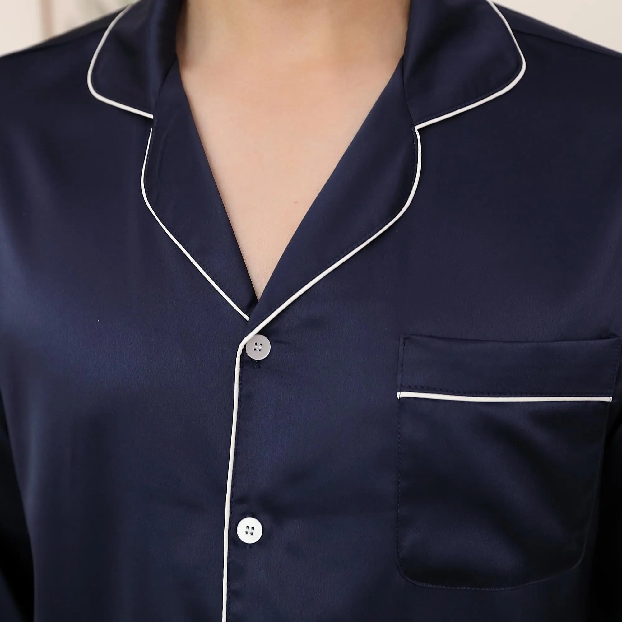 Male wearing Showlu men's silk satin pajamas set, loose fit soft sleepwear, comfortable nightwear for restful sleep