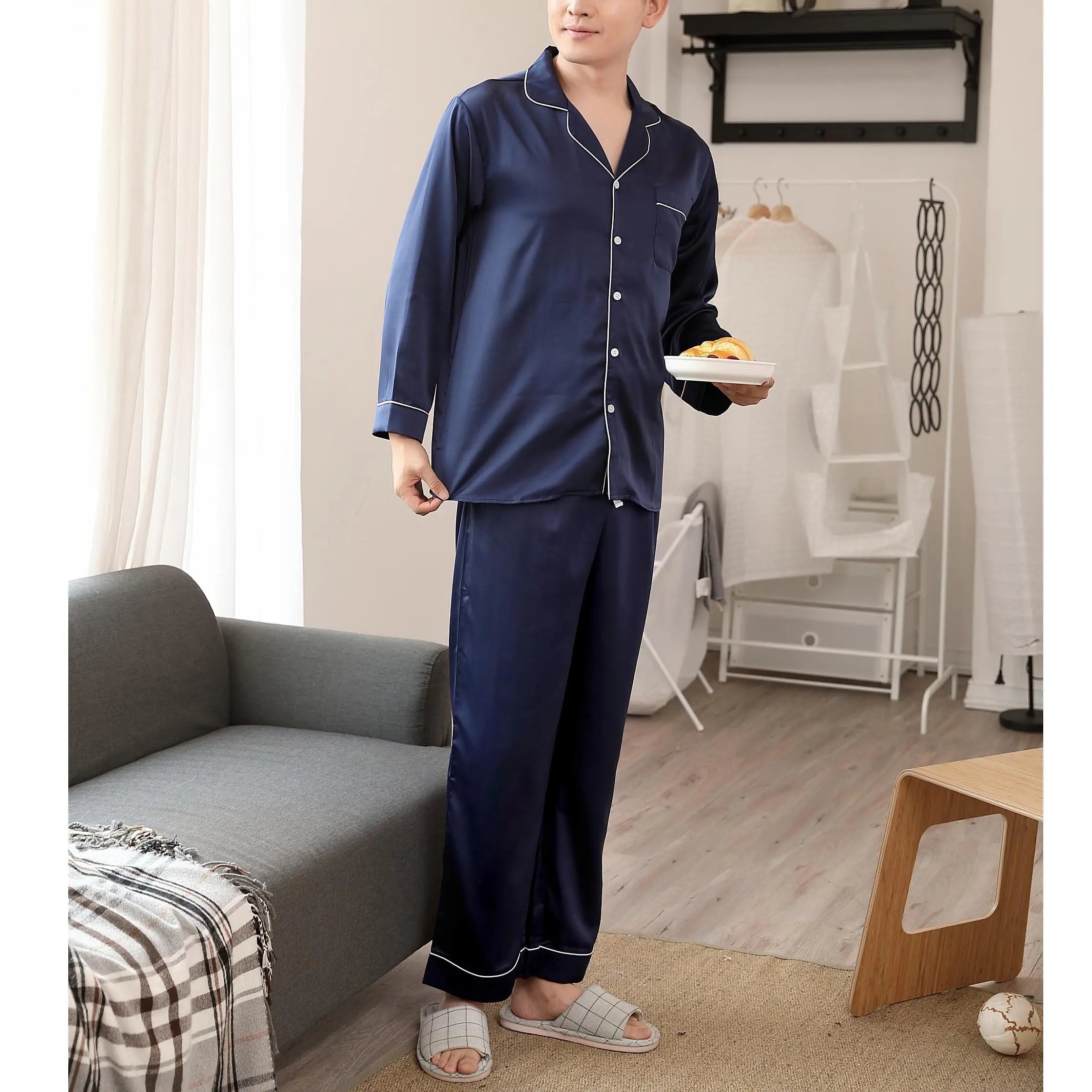 Showlu men's silk satin pajamas set featuring loose-fit soft sleepwear with a comfortable, stylish nightwear design for men.
