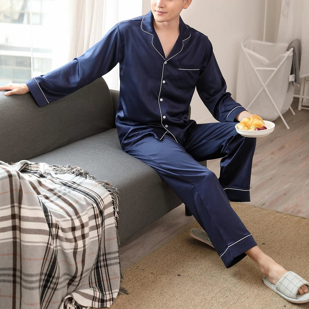 Showlu men's silk satin pajamas set featuring loose fit soft sleepwear for comfortable nightwear and relaxation.