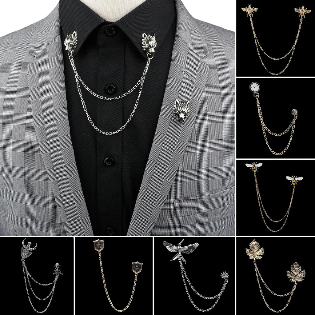 Anel Demosthene Dragon lapel pin with retro tassel chain on a suit jacket, featuring a detailed dragon badge for formal accessories.