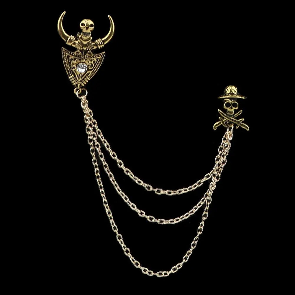 Anel Demosthene Dragon lapel pin with retro tassel chain on a suit collar, stylish brooch for formal or party attire.