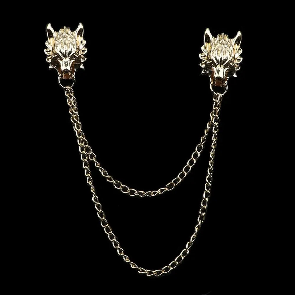 Anel Demosthene Dragon lapel pin with retro tassel chain on a suit collar, stylish brooch for wedding or party accessories.