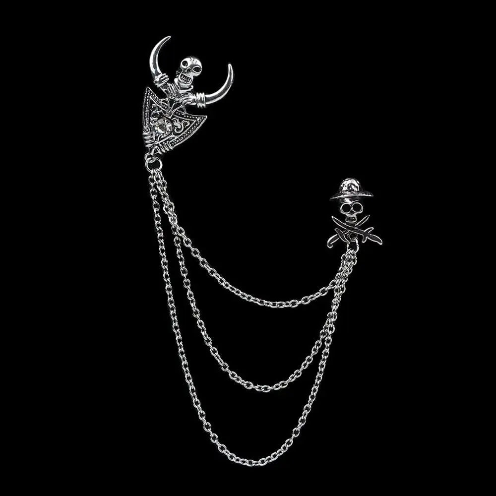 Anel Demosthene Dragon lapel pin with retro tassel chain on suit collar, stylish brooch for wedding or party attire.