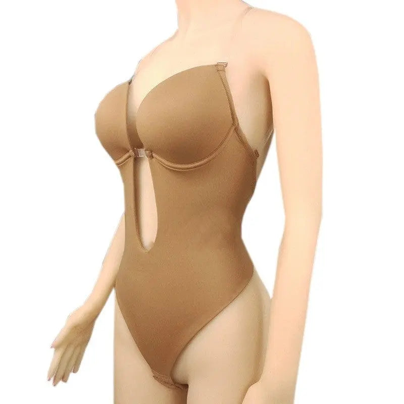 A mannequin showcases the Manufacturer Shapewear for Women Plunge Backless Body Shaper Bra, a tan, strapless bodysuit with a deep front cutout and structured cups for support and a seamless look under outfits.