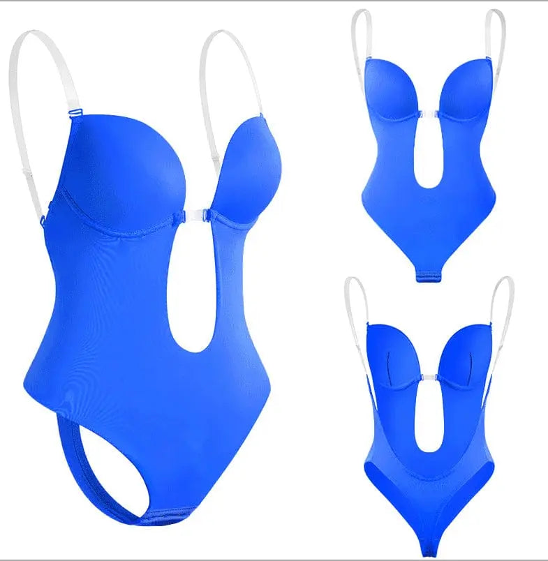The Manufacturer Shapewear for Women is a bright blue U Plunge Backless Body Shaper with cutout front, molded cups, and white adjustable straps, shown from front, side, and back views.