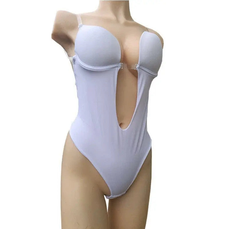 A mannequin wears the Manufacturer Shapewear for Women Plunge Backless Body Shaper—a seamless, underwire bodysuit with open sides and adjustable straps, ideal for low-cut or backless outfits.