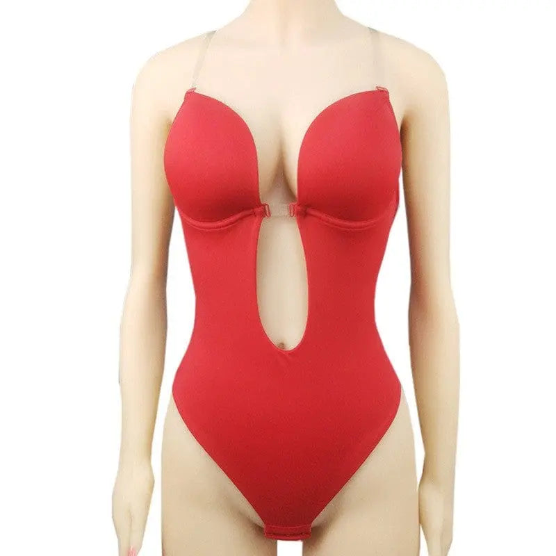A mannequin displays the Manufacturer Shapewear for Women Plunge Backless Body Shaper, featuring a deep U plunge front, seamless bodysuit design, and thin straps for an invisible, sleek look.