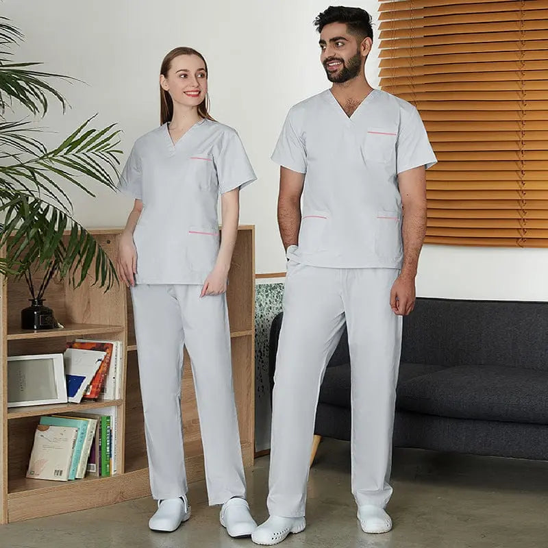 Unisex SIBAIZHI scrub set by Showlu Fashion, soft hospital nurse uniform with pockets, in a professional medical uniform style.