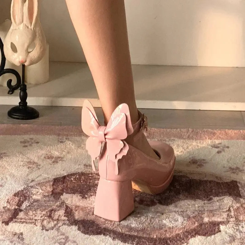 Pink Mary Jane Lolita shoes with square toe and bow detail, high heels for women, by Showlu Fashion Store.