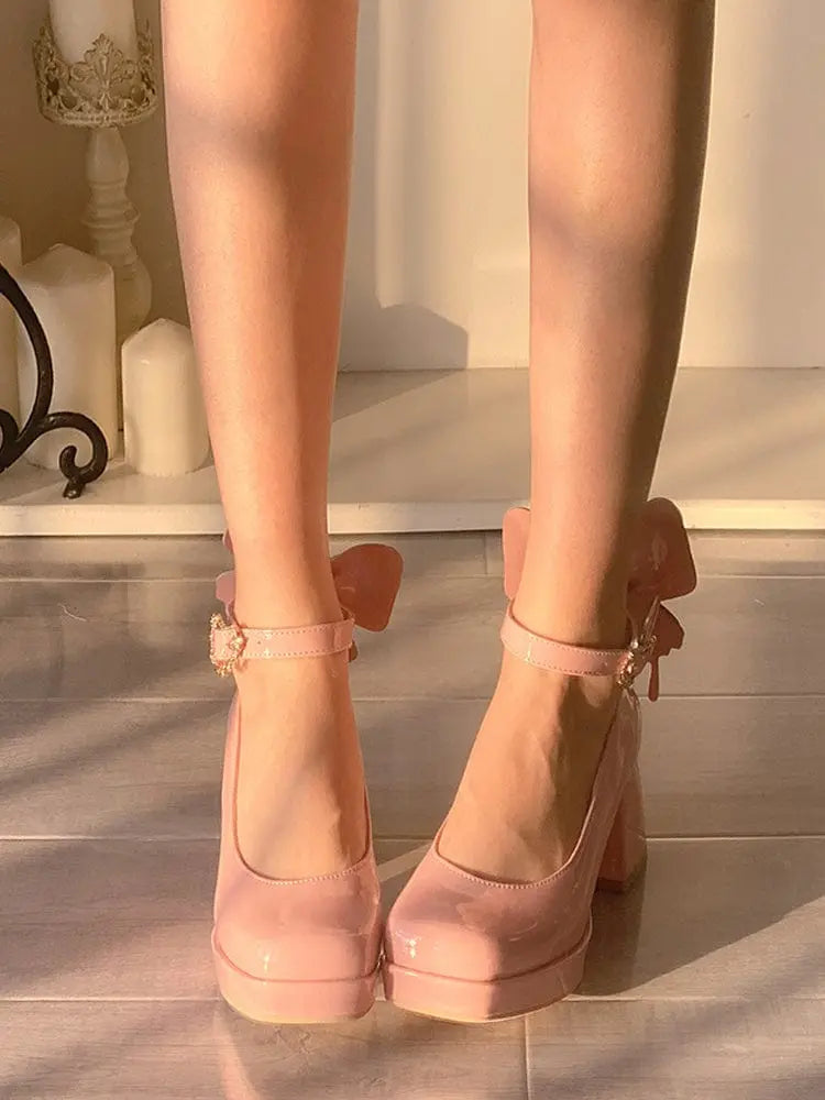 Showlu pink Mary Jane Lolita shoes with square toes, bow detail, and high heels, designed for women.