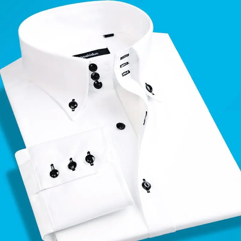 Men's slim fit casual long sleeve cotton shirt with button-down collar, stylish Korean fashion design by Showlu Fashion Store.