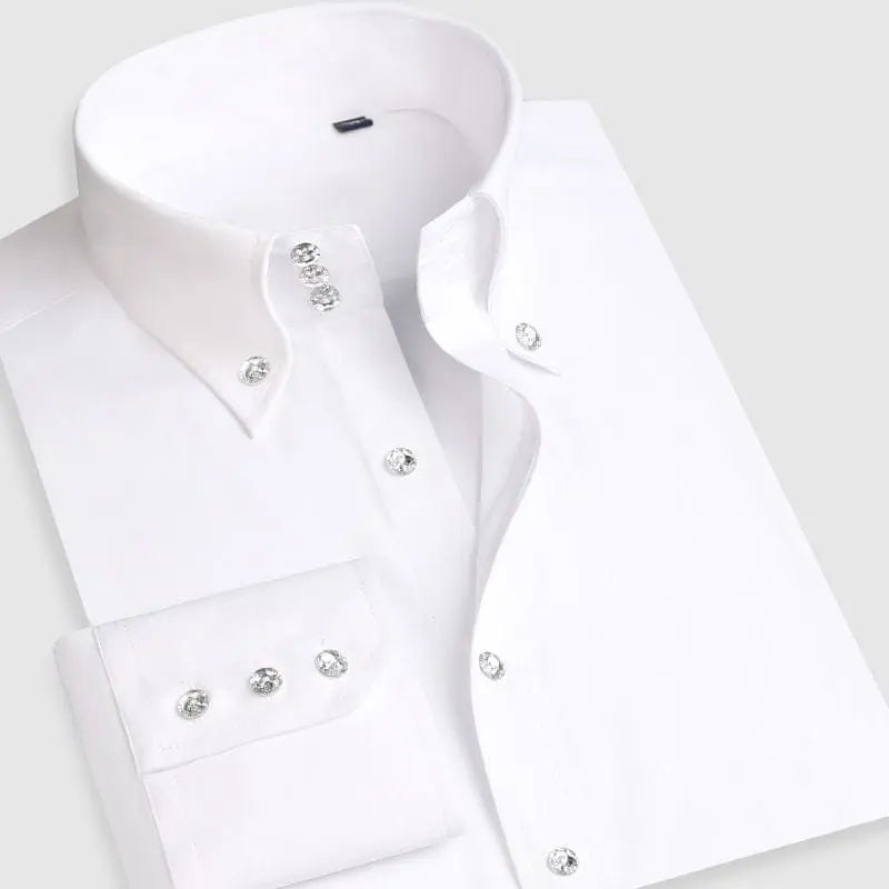 Men's slim fit casual long sleeve cotton dress shirt featuring a button-down collar and modern Korean fashion style.