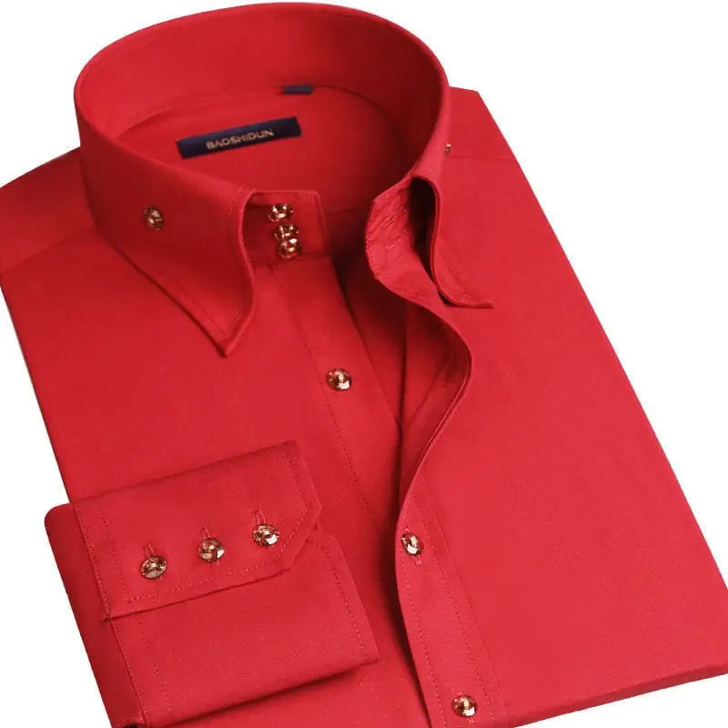 Men's slim fit casual long sleeve cotton dress shirt with button-down collar, stylish Korean fashion by Showlu Fashion Store