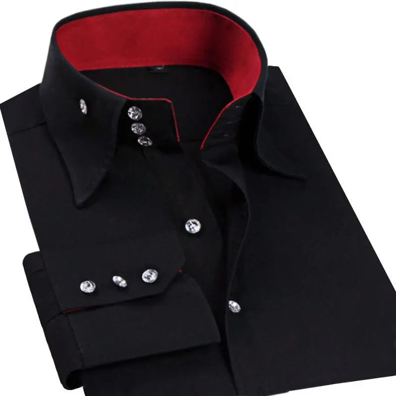 Men's slim fit casual long sleeve cotton shirt by Showlu Fashion Store, button-down collar, Korean trend fashion dress shirt.