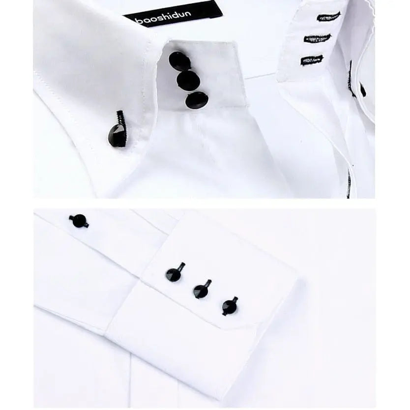 Men's slim fit casual long sleeve cotton shirt, button-down collar, Korean fashion style, from Showlu Fashion Store.