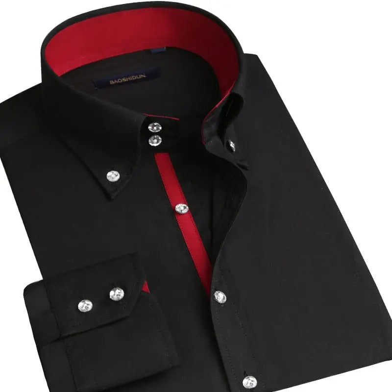 Men's slim fit casual long sleeve cotton shirt from Showlu Fashion with button-down collar, suitable for business or casual wear.