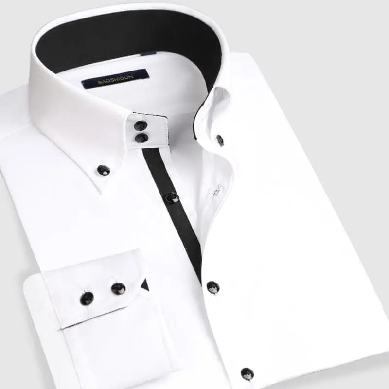 Men's slim fit casual long sleeve cotton dress shirt with button-down collar, stylish Korean trend design by Showlu Fashion Store