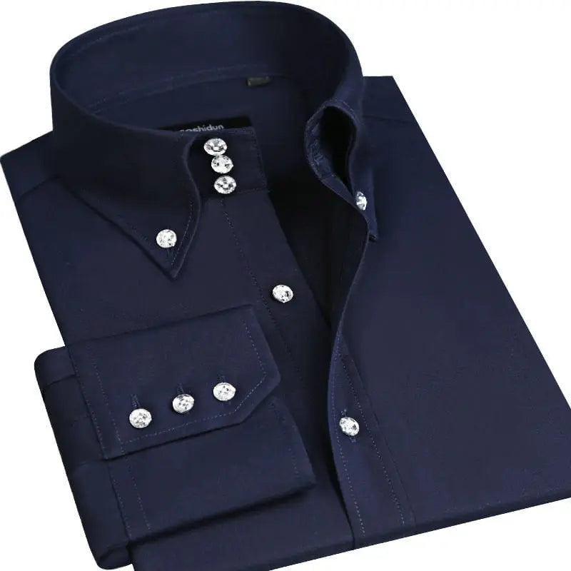 Men's slim fit casual long sleeve cotton shirt by Showlu Fashion Store with button-down collar, suitable for business or casual wear.