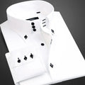 Men's slim fit casual long sleeve cotton dress shirt with button-down collar, stylish Korean fashion trend by Showlu Fashion Store.