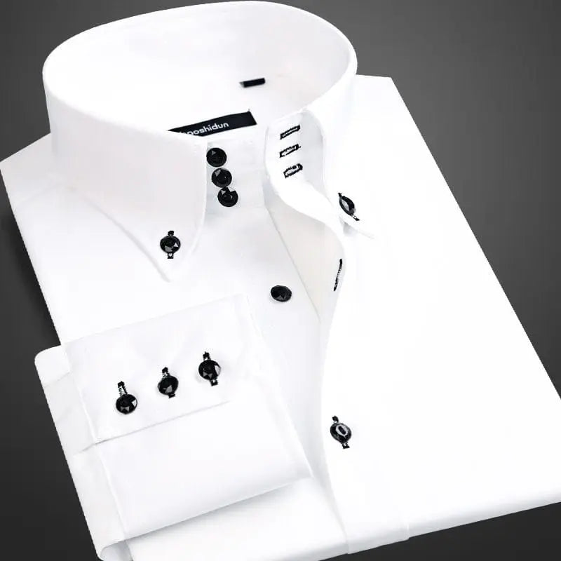 Men's slim fit casual long sleeve cotton dress shirt with button-down collar, stylish Korean fashion trend by Showlu Fashion Store.