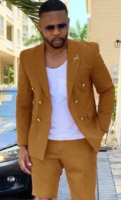 Men's red summer suit by Showlu Fashion Store, featuring a double-breasted blazer and matching short pants for casual or wedding wear.