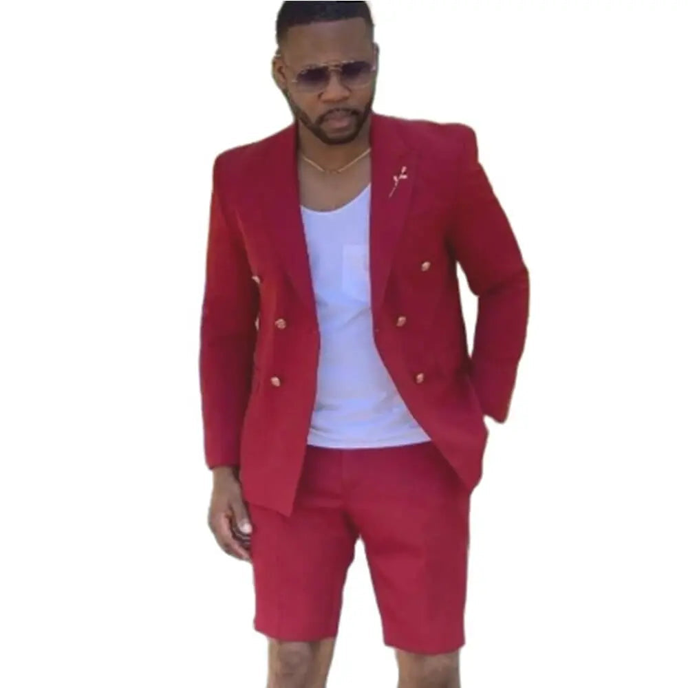 Men's red summer suit with double-breasted blazer and short pants, stylish men's fashion outfit for wedding or party occasions.