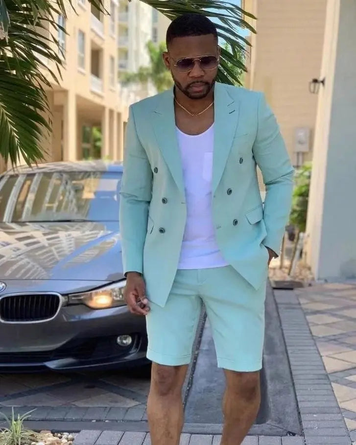 Men's red summer suit by Showlu Fashion Store, featuring a double-breasted blazer and matching short pants, suitable for wedding or party.