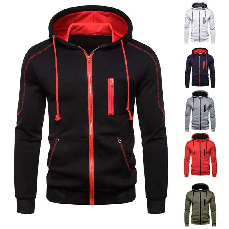 Men's color block fleece hoodie by Showlu Fashion with black, white, army green, and red panels, casual winter zip-up sweatshirt.