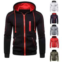 A black zip-up hoodie with a red hood lining, red zippers, and red contrast stitching.
