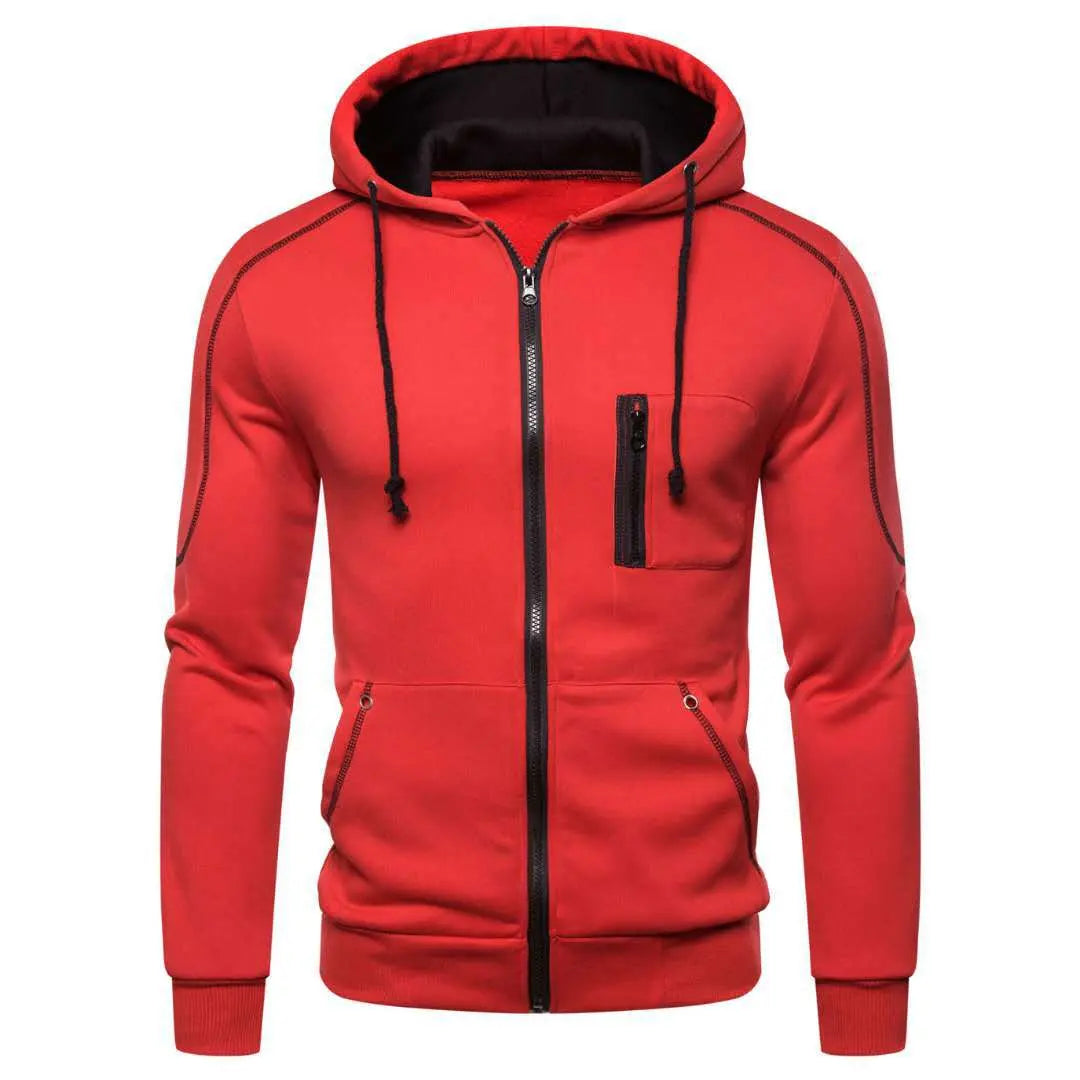 Men's color block fleece hoodie with black, white, army green, and red panels, casual winter zip-up sweatshirt by Showlu Fashion.