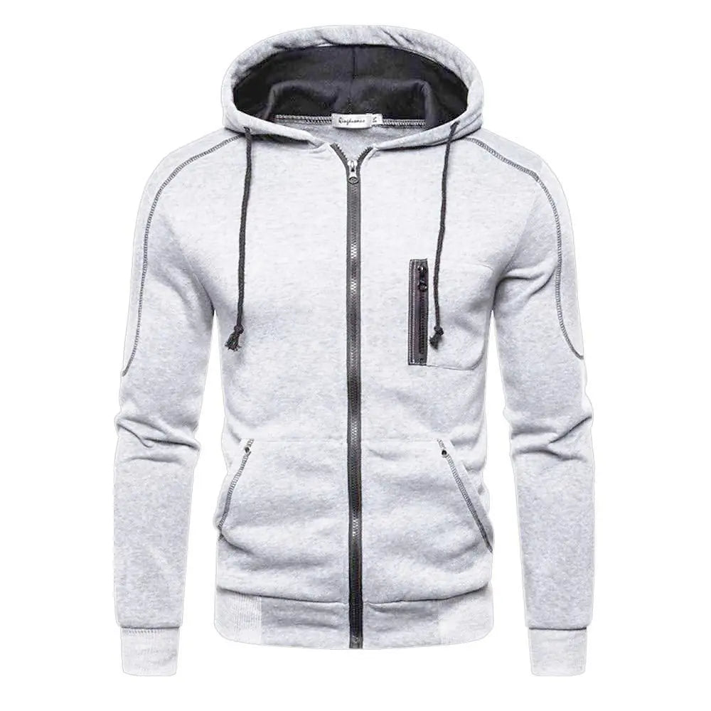 Men's color block fleece hoodie in black, white, army green, and red with a hood, casual winter zip-up sweatshirt by Showlu Fashion.