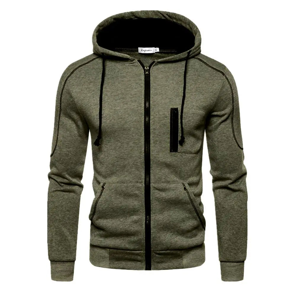 Men's color block fleece hoodie in black, white, army green, and red with a hood, casual winter zip-up sweatshirt by Showlu Fashion.