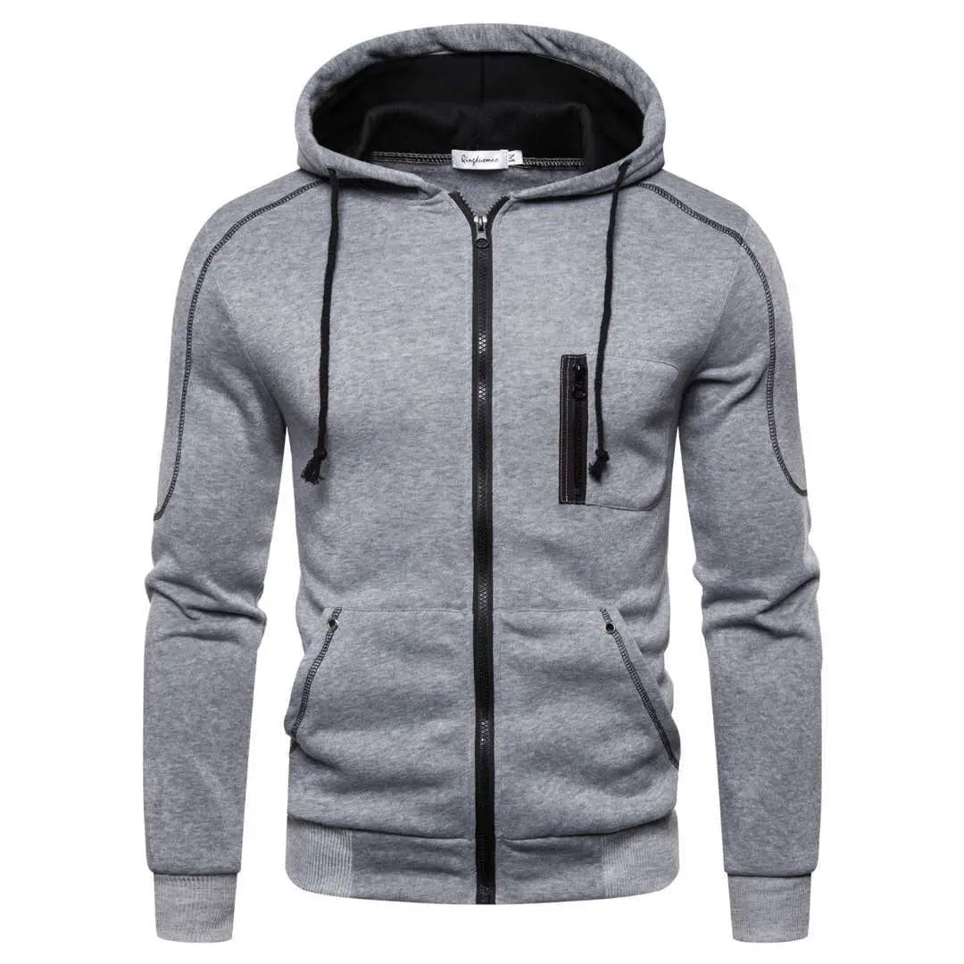 Men's Showlu color block fleece hoodie in black, white, army green, and red with a hood, casual winter zip-up sweatshirt.