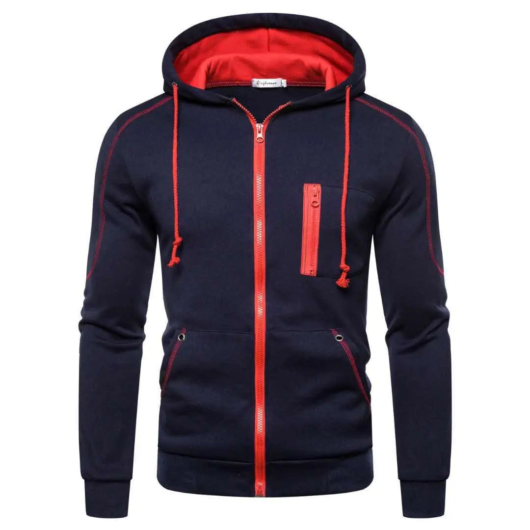 Men's color block fleece hoodie in black, white, army green, and red with a hood, casual winter zip-up sweatshirt by Showlu Fashion Store.