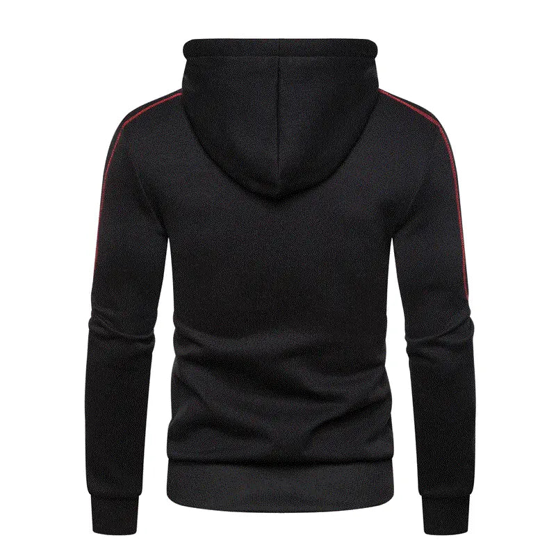 Showlu men's color block fleece hoodie featuring black, white, army green, and red panels, casual winter zip-up sweatshirt.