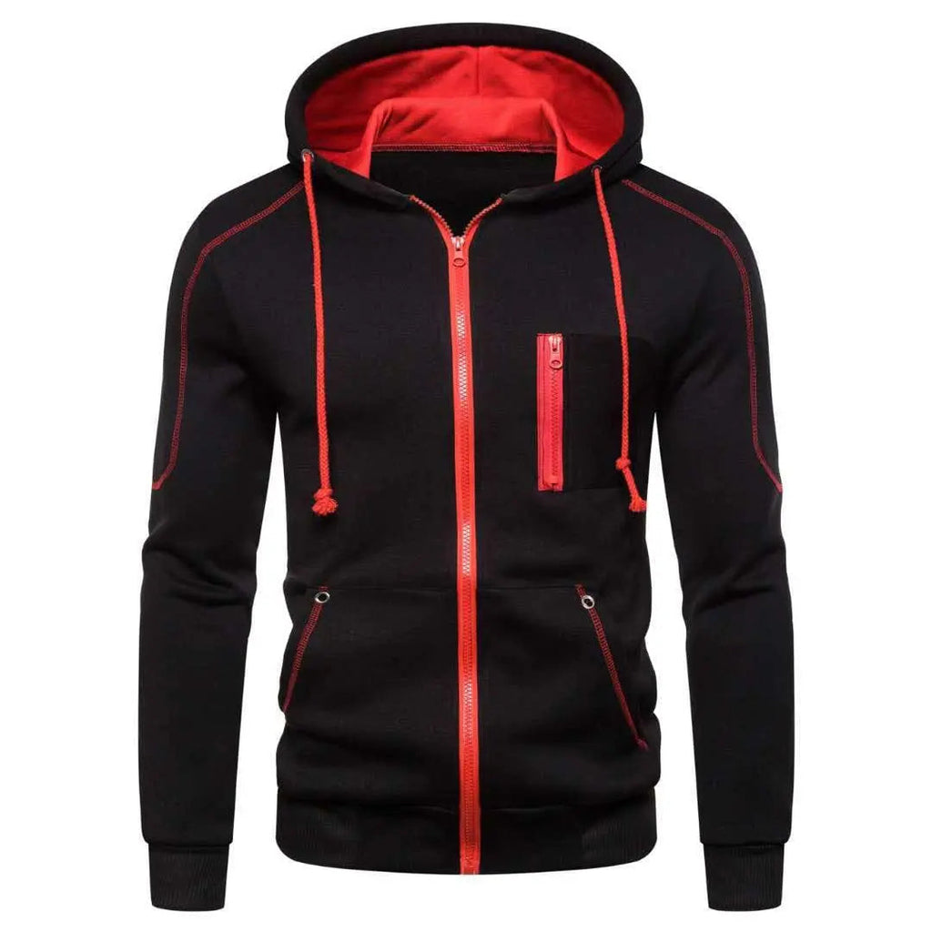 Showlu men's color block fleece hoodie with black, white, army green, and red panels, casual winter zip-up sweatshirt.
