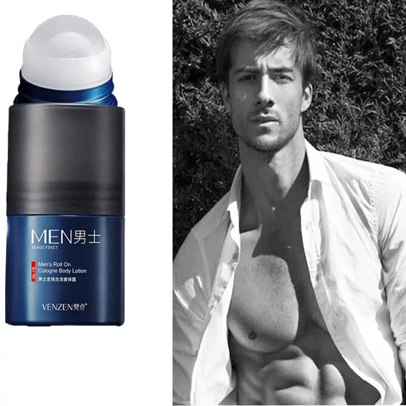 Men's Showlu roll-on cologne deodorant and body lotion, long-lasting scent, in sleek bottle, for fresh, refreshed skin.