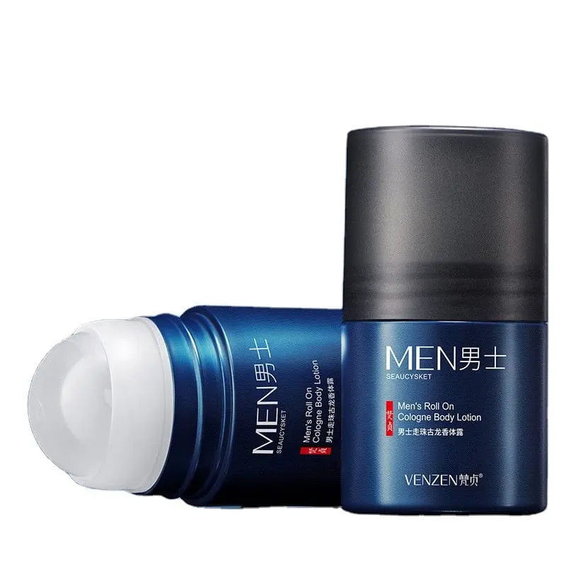 Men's Showlu roll-on cologne deodorant and body lotion, long-lasting formula, shown with sleek bottle and lotion tube.