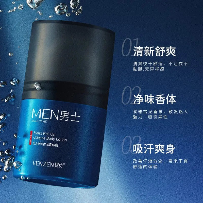 Showlu men's roll-on cologne deodorant and body lotion set with long-lasting fragrance, featuring sleek packaging and a clean design.