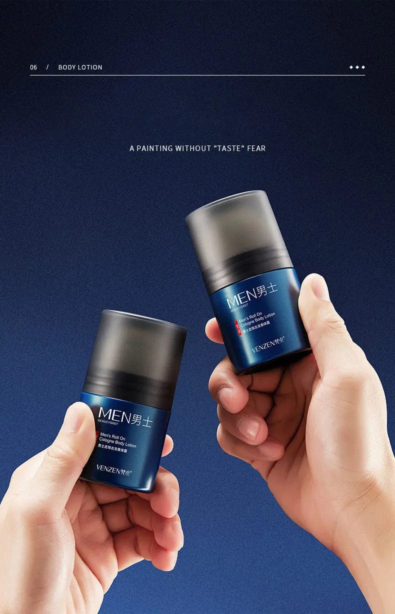 Men's Showlu roll-on cologne deodorant and body lotion set with long-lasting fragrance, shown in a sleek container.